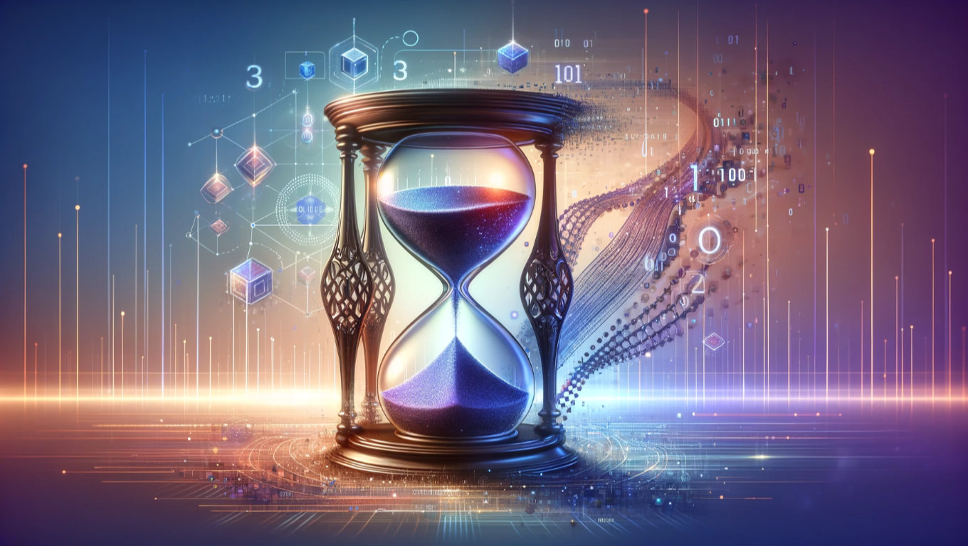 Hourglass merged with digital elements against blue and purple gradient, symbolizing the fusion of traditional and modern time management.