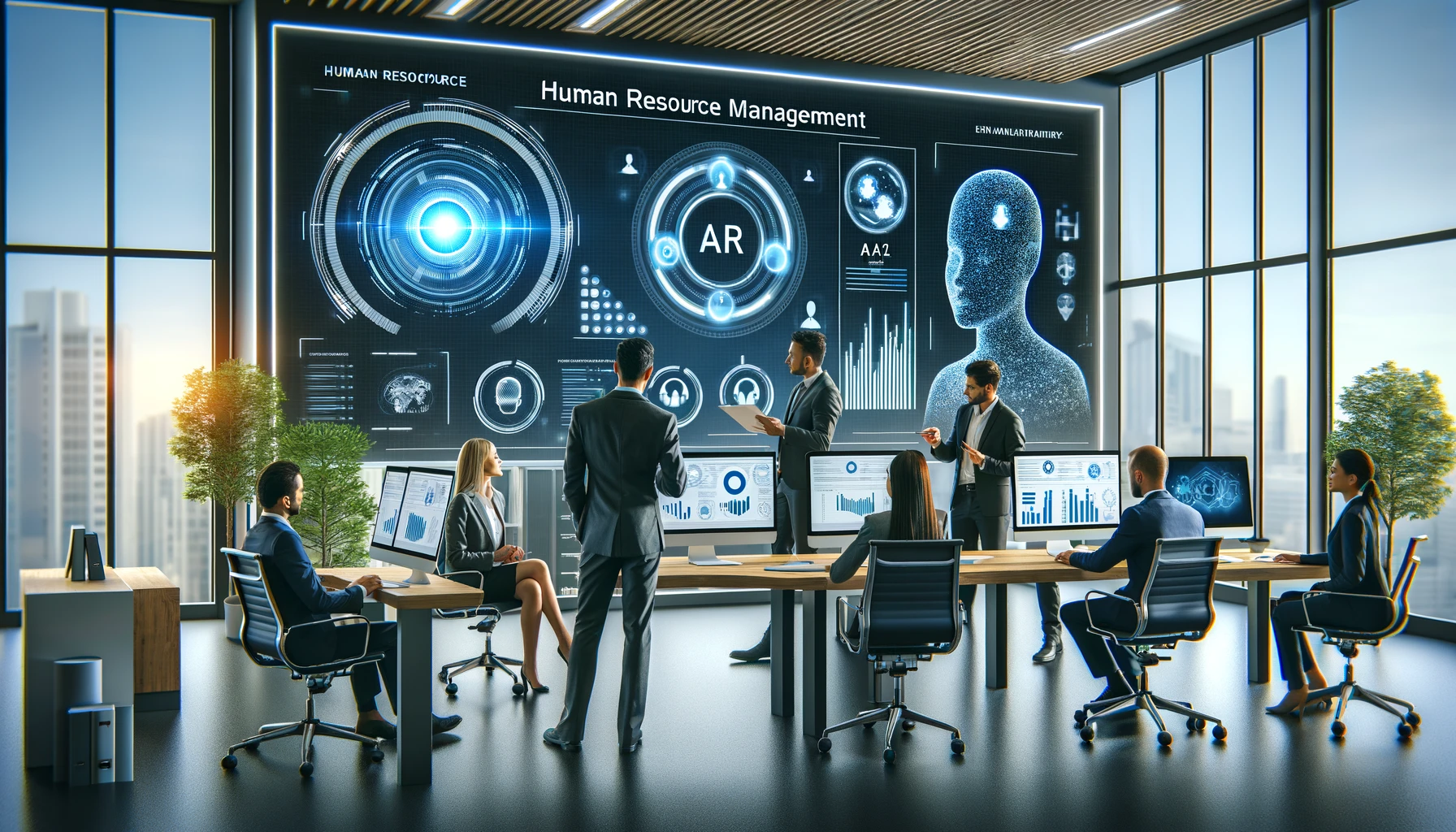 Des professionnels RH interagissant avec des écrans affichant des données analytiques, symbolisant la synergie entre la technologie IA et l'expertise humaine pour une gestion RH plus efficace.